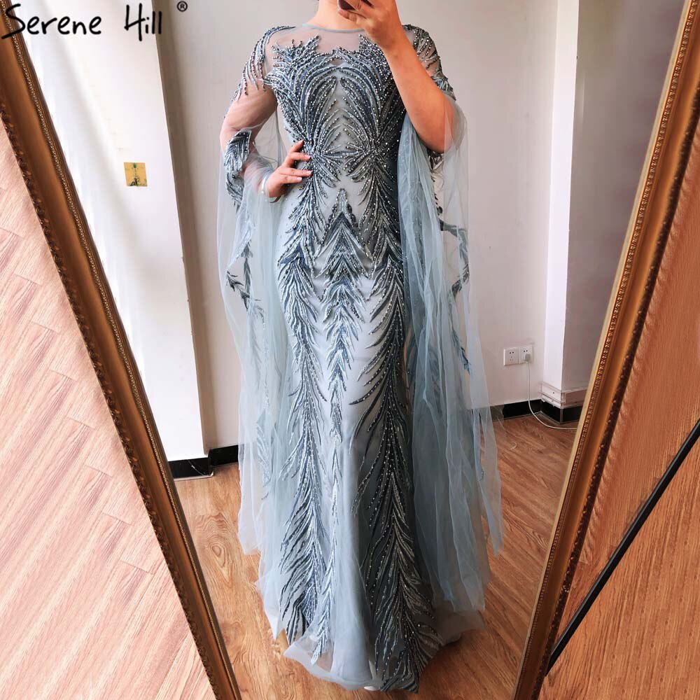 Vestidos de noche de lujo de sirena gris, 2025, mangas largas con cuentas, elegantes para mujer, fiesta LA70576 