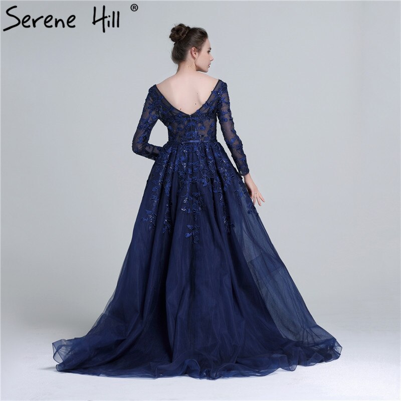 Sale 2025 Dark Blue Deep-V Tulle Evening Dresses Newest Long Sleeve Appliques Sequined Gowns LA6099