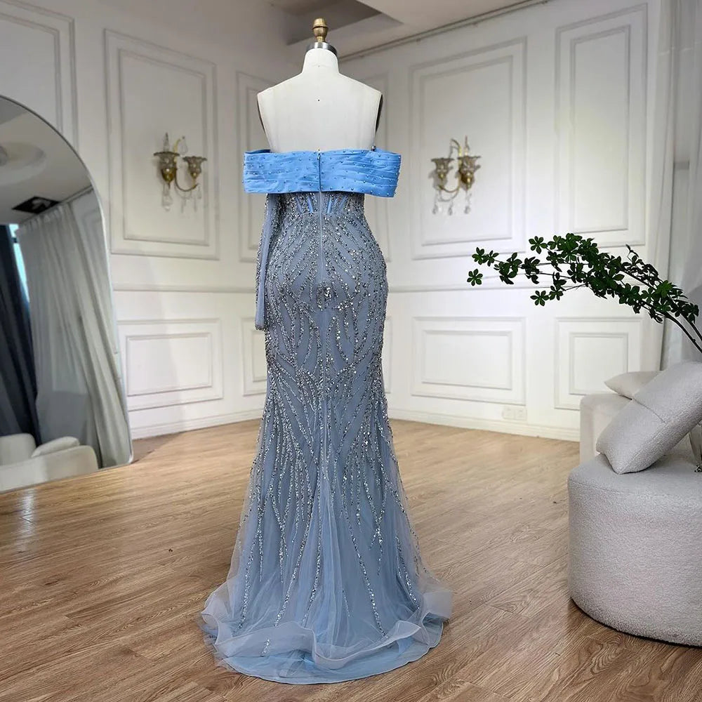 2025 Arab Blue Boat Neck Mermaid Long Evening Dress - Elegant Gown with Beaded for Women's Party LA72369