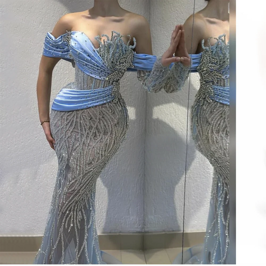 2025 Arab Blue Boat Neck Mermaid Long Evening Dress - Elegant Gown with Beaded for Women's Party LA72369
