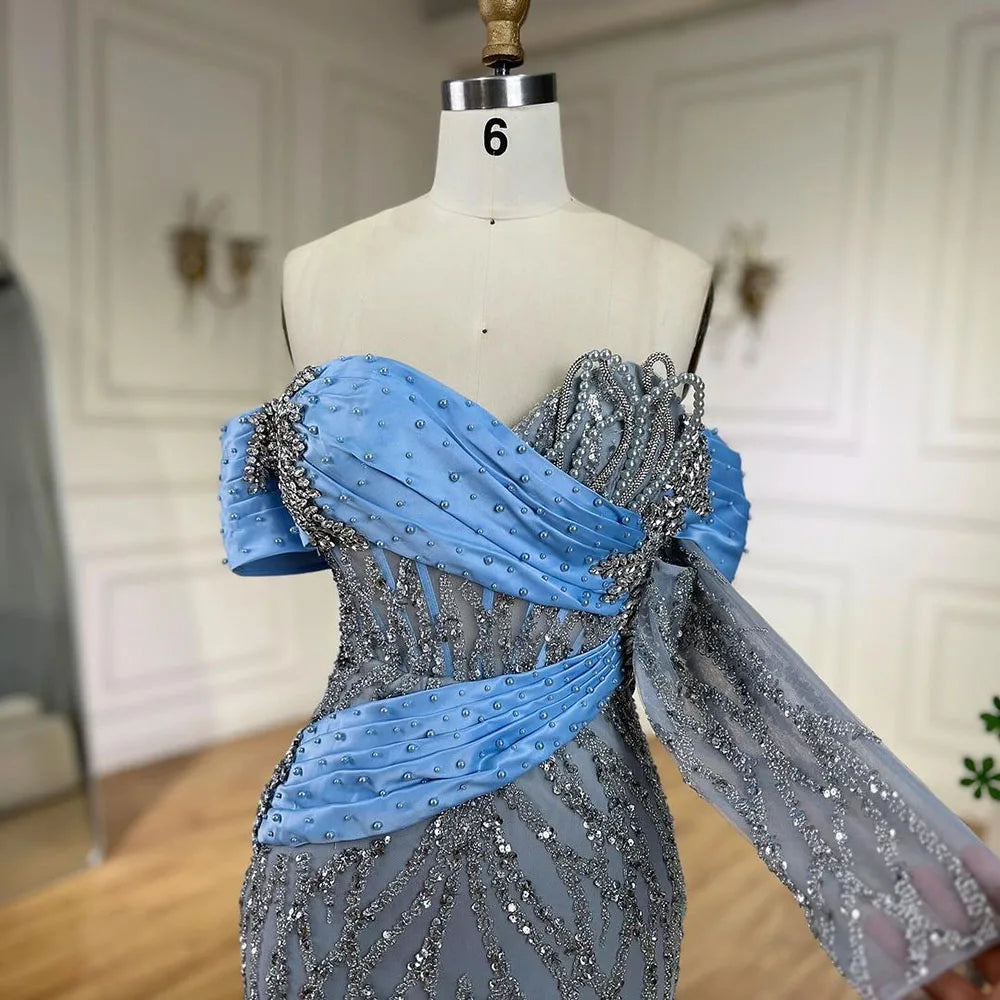 2025 Arab Blue Boat Neck Mermaid Long Evening Dress - Elegant Gown with Beaded for Women's Party LA72369