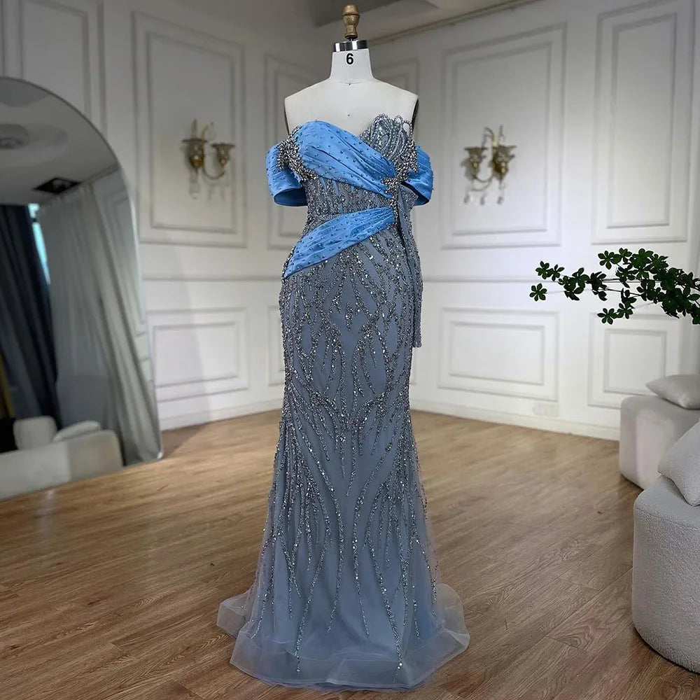 2025 Arab Blue Boat Neck Mermaid Long Evening Dress - Elegant Gown with Beaded for Women's Party LA72369