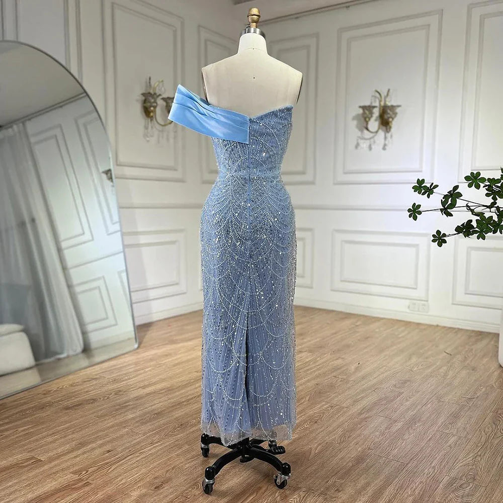 2025 Arab Blue One Shoulder Mermaid Evening Dress Luxury Gown with Beaded for Women's Party LA72370