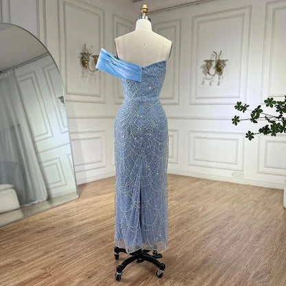 2025 Arab Blue One Shoulder Mermaid Evening Dress Luxury Gown with Beaded for Women's Party LA72370