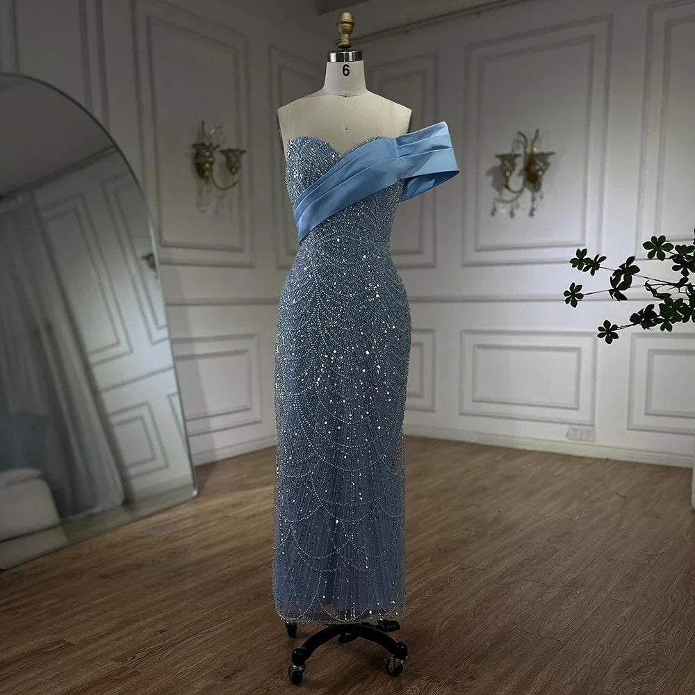 2025 Arab Blue One Shoulder Mermaid Evening Dress Luxury Gown with Beaded for Women's Party LA72370