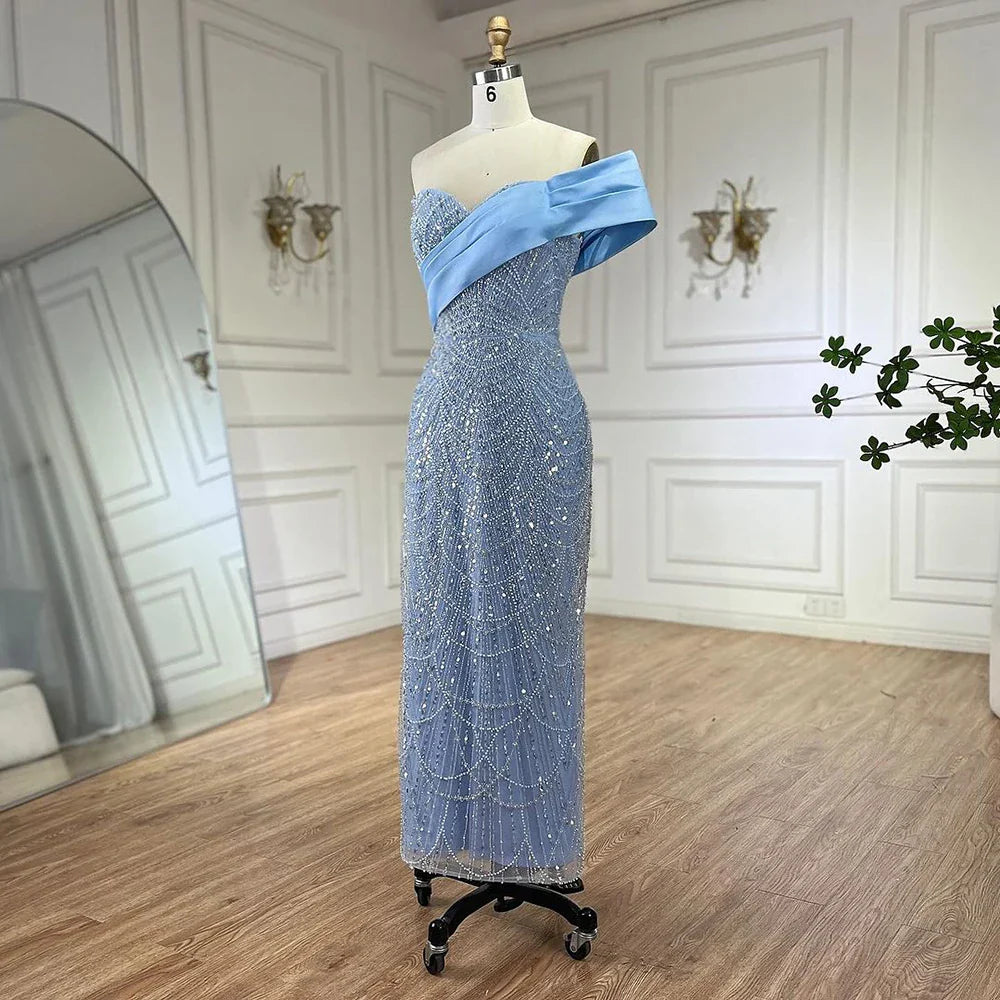 2025 Arab Blue One Shoulder Mermaid Evening Dress Luxury Gown with Beaded for Women's Party LA72370