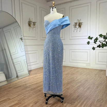 2025 Arab Blue One Shoulder Mermaid Evening Dress Luxury Gown with Beaded for Women's Party LA72370