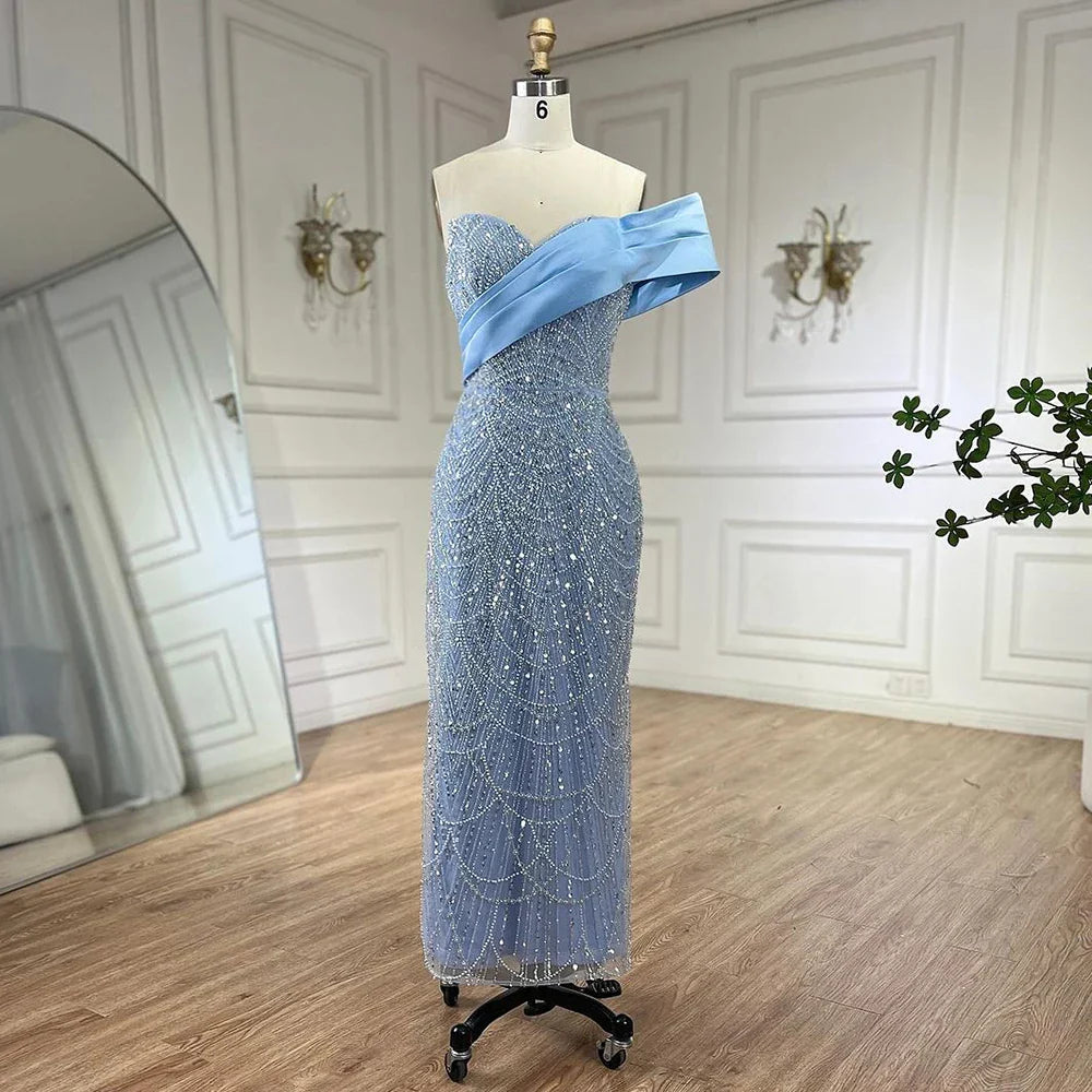 2025 Arab Blue One Shoulder Mermaid Evening Dress Luxury Gown with Beaded for Women's Party LA72370