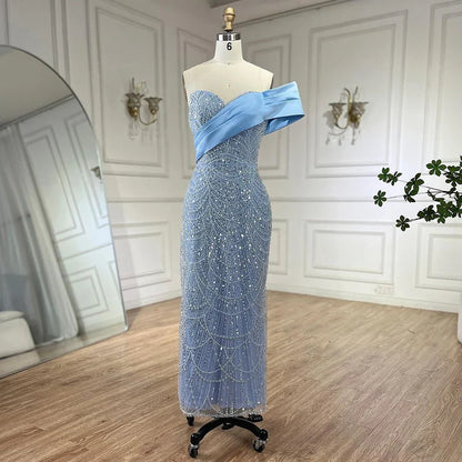 2025 Arab Blue One Shoulder Mermaid Evening Dress Luxury Gown with Beaded for Women's Party LA72370
