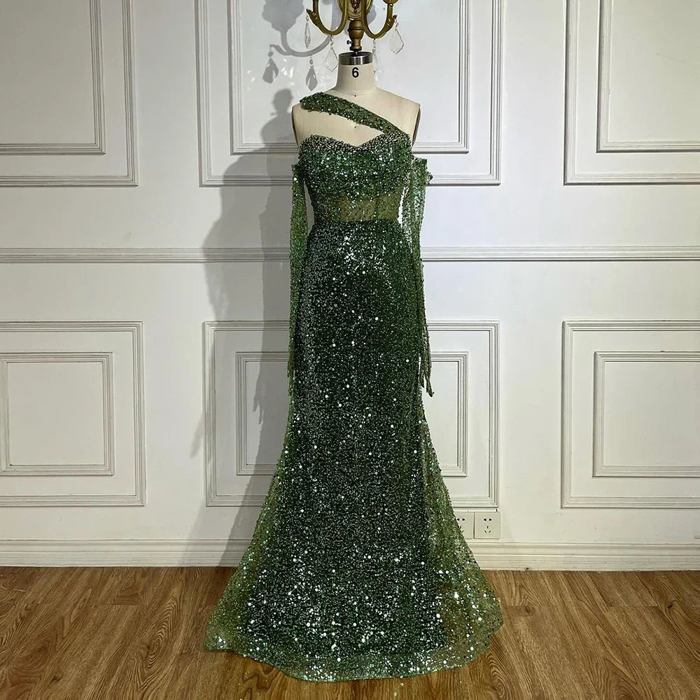 2025 Arab Nude One Shoulder Mermaid Evening Dress Elegant Luxury Gown with Beaded for Women's Party LA72365