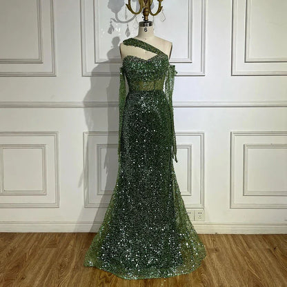2025 Arab Nude One Shoulder Mermaid Evening Dress Elegant Luxury Gown with Beaded for Women's Party LA72365