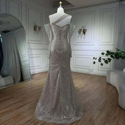 2025 Arab Nude One Shoulder Mermaid Evening Dress Elegant Luxury Gown with Beaded for Women's Party LA72365