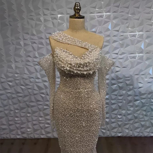 2025 Arab Nude One Shoulder Mermaid Evening Dress Elegant Luxury Gown with Beaded for Women's Party LA72365