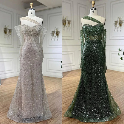 2025 Arab Nude One Shoulder Mermaid Evening Dress Elegant Luxury Gown with Beaded for Women's Party LA72365