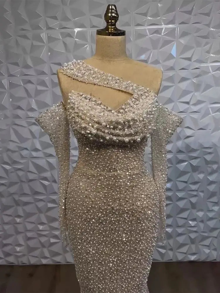 2025 Arab White Nude One Shoulder Mermaid Evening Dress - Elegant Luxury Gown with Beaded for Women's Party LA7236