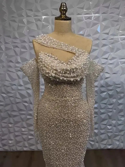 2025 Arab White Nude One Shoulder Mermaid Evening Dress - Elegant Luxury Gown with Beaded for Women's Party LA7236