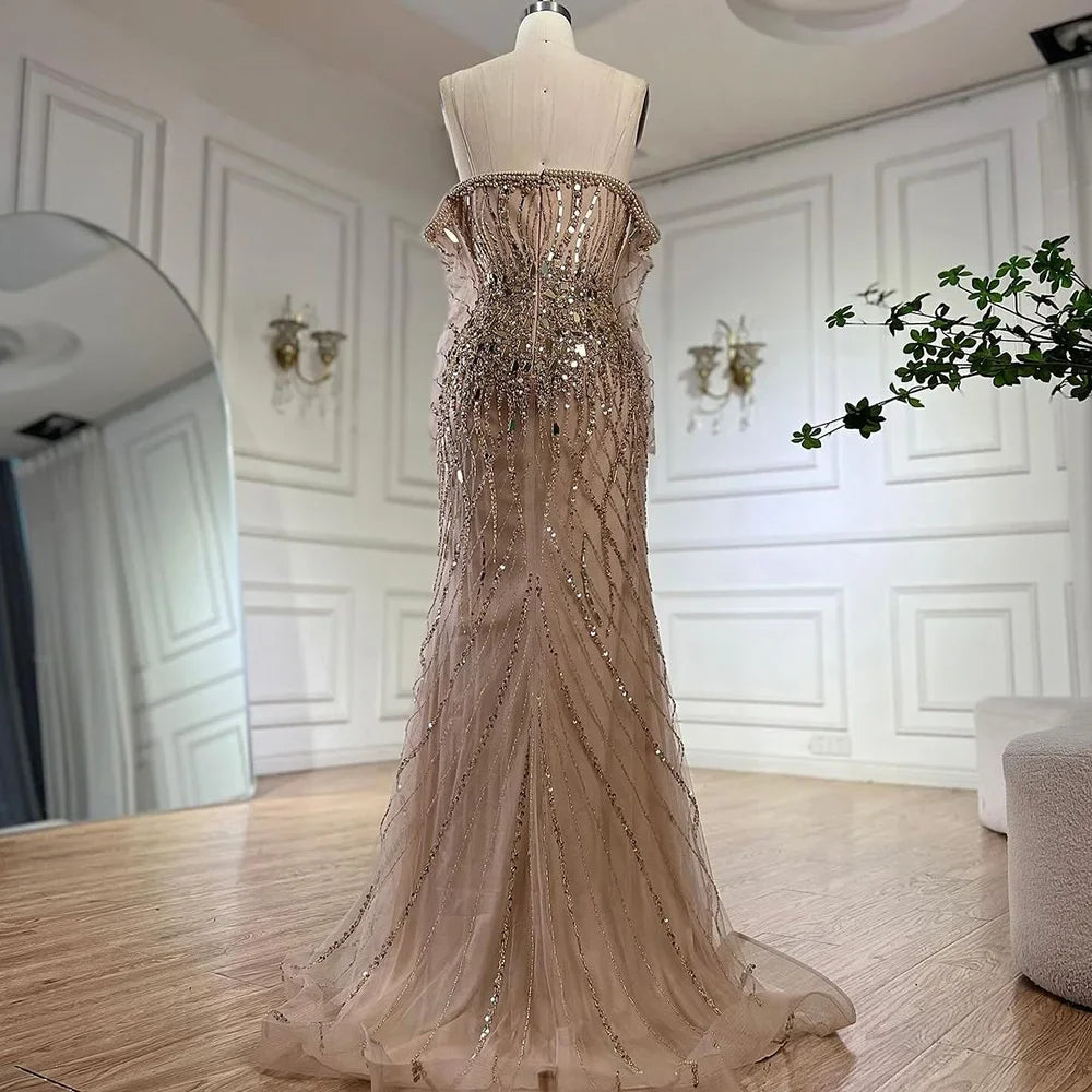 Vestidos de noche estilo sirena dorados Arabia 2025, de lujo, con cuentas y hombros descubiertos, estilo Dubái, para mujer, para fiesta de bodas, LA72404 