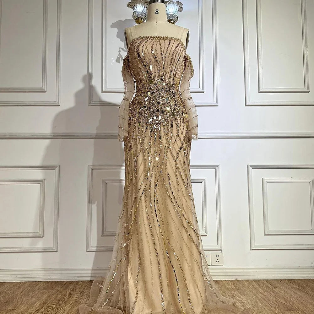 Vestidos de noche estilo sirena dorados Arabia 2025, de lujo, con cuentas y hombros descubiertos, estilo Dubái, para mujer, para fiesta de bodas, LA72404 