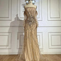 Vestidos de noche estilo sirena dorados Arabia 2025, de lujo, con cuentas y hombros descubiertos, estilo Dubái, para mujer, para fiesta de bodas, LA72404 