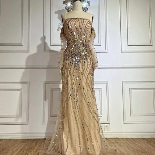 Vestidos de noche estilo sirena dorados Arabia 2025, de lujo, con cuentas y hombros descubiertos, estilo Dubái, para mujer, para fiesta de bodas, LA72404 