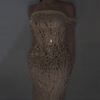 Vestidos de noche estilo sirena dorados Arabia 2025, de lujo, con cuentas y hombros descubiertos, estilo Dubái, para mujer, para fiesta de bodas, LA72404 