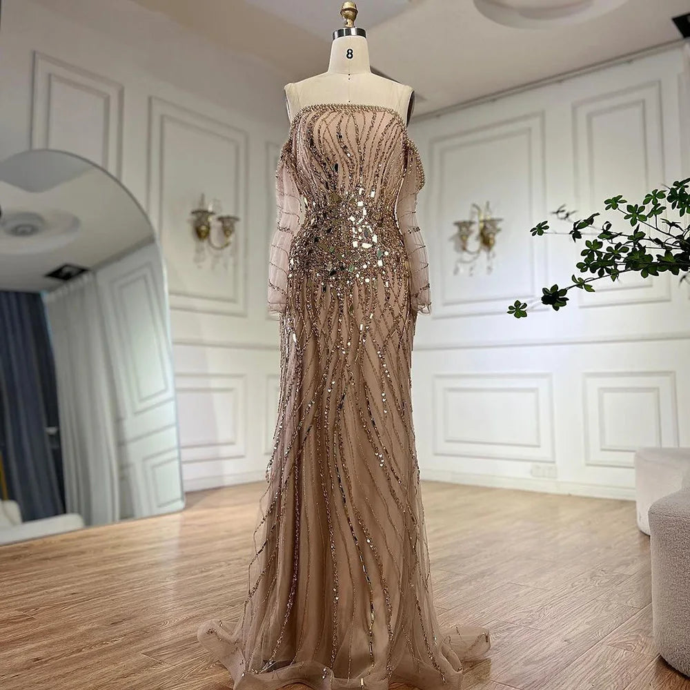 Vestidos de noche estilo sirena dorados Arabia 2025, de lujo, con cuentas y hombros descubiertos, estilo Dubái, para mujer, para fiesta de bodas, LA72404 