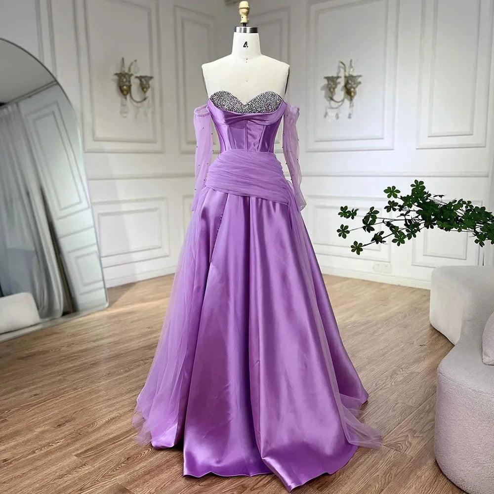 2025 Arabia Purple Strapless A-Line With Gloves Luxury Beaded Evening Gown Satin Women's Wedding Party LA72436