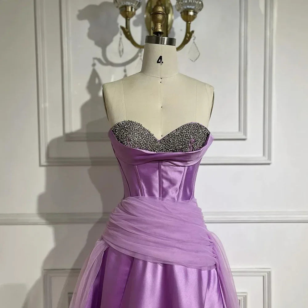 2025 Arabia Purple Strapless A-Line With Gloves Luxury Beaded Evening Gown Satin Women's Wedding Party LA72436