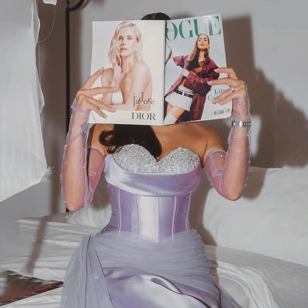 2025 Arabia Purple Strapless A-Line With Gloves Luxury Beaded Evening Gown Satin Women's Wedding Party LA72436