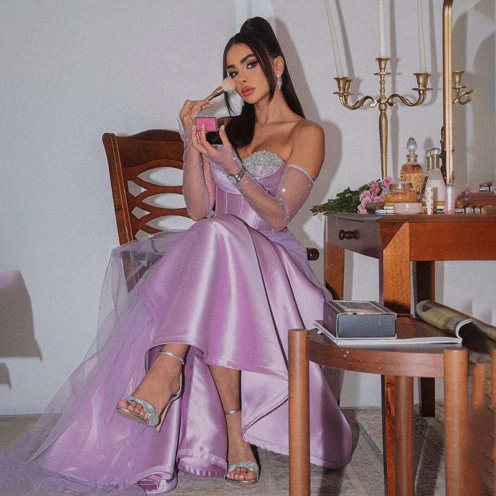 2025 Arabia Purple Strapless A-Line With Gloves Luxury Beaded Evening Gown Satin Women's Wedding Party LA72436