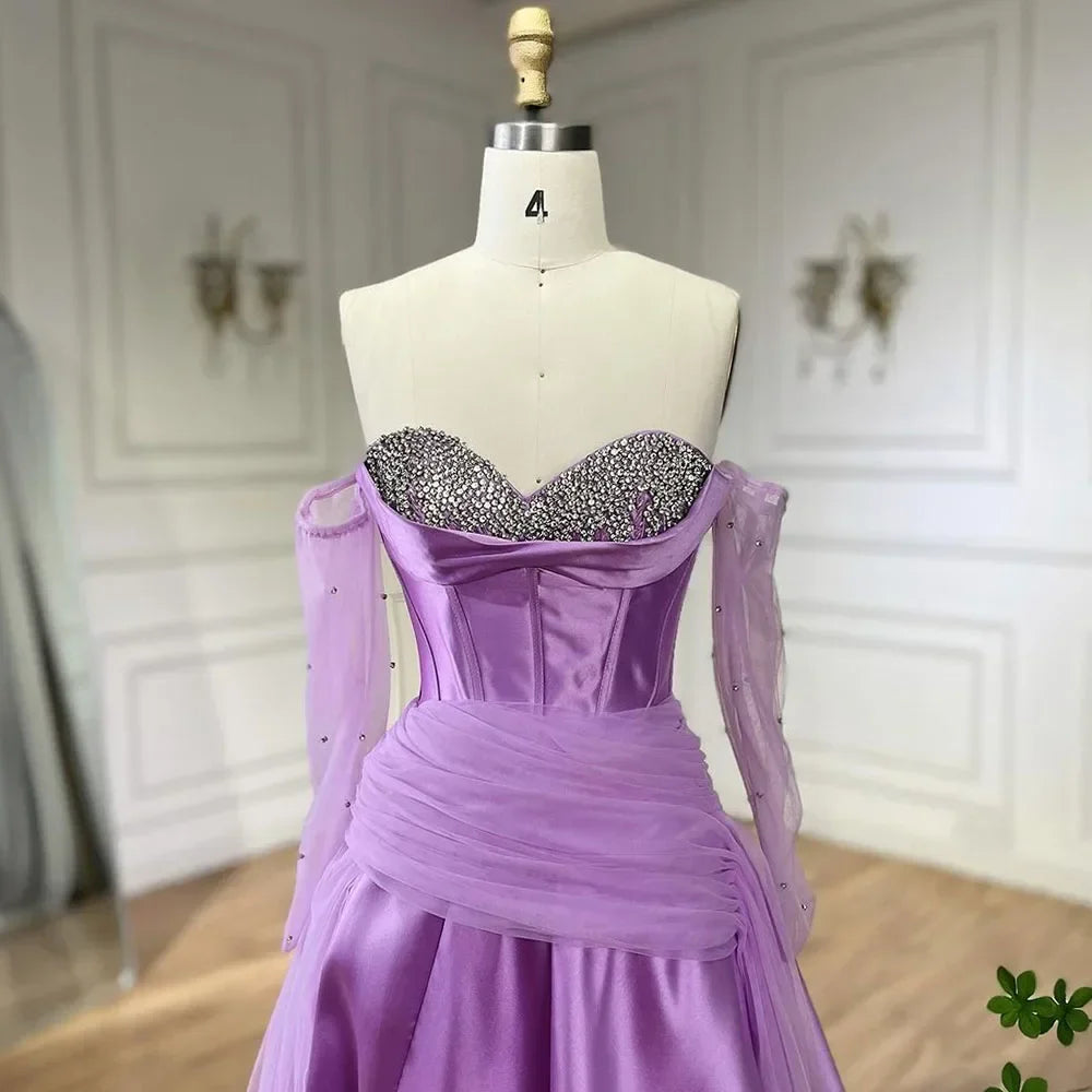 Vestido de noche de satén con cuentas, corte A, sin tirantes, morado, Arabia 2025, con guantes, para mujer, para boda o fiesta LA72436 