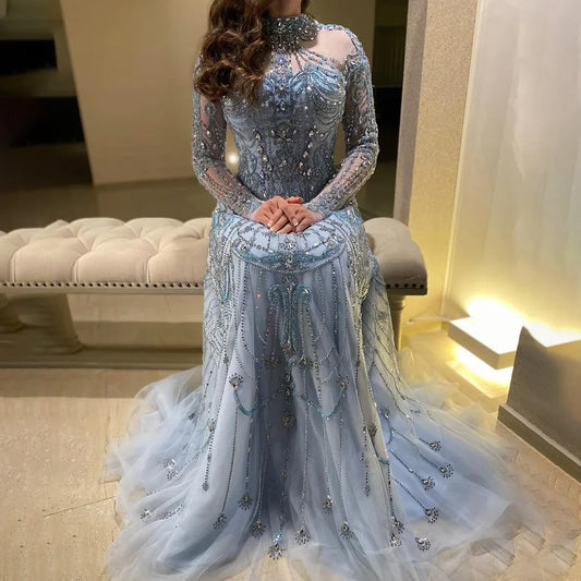 2025 Arabic A-Line Blue Lace Beaded Luxury Evening Gowns for Women's Party Dubai LA72704