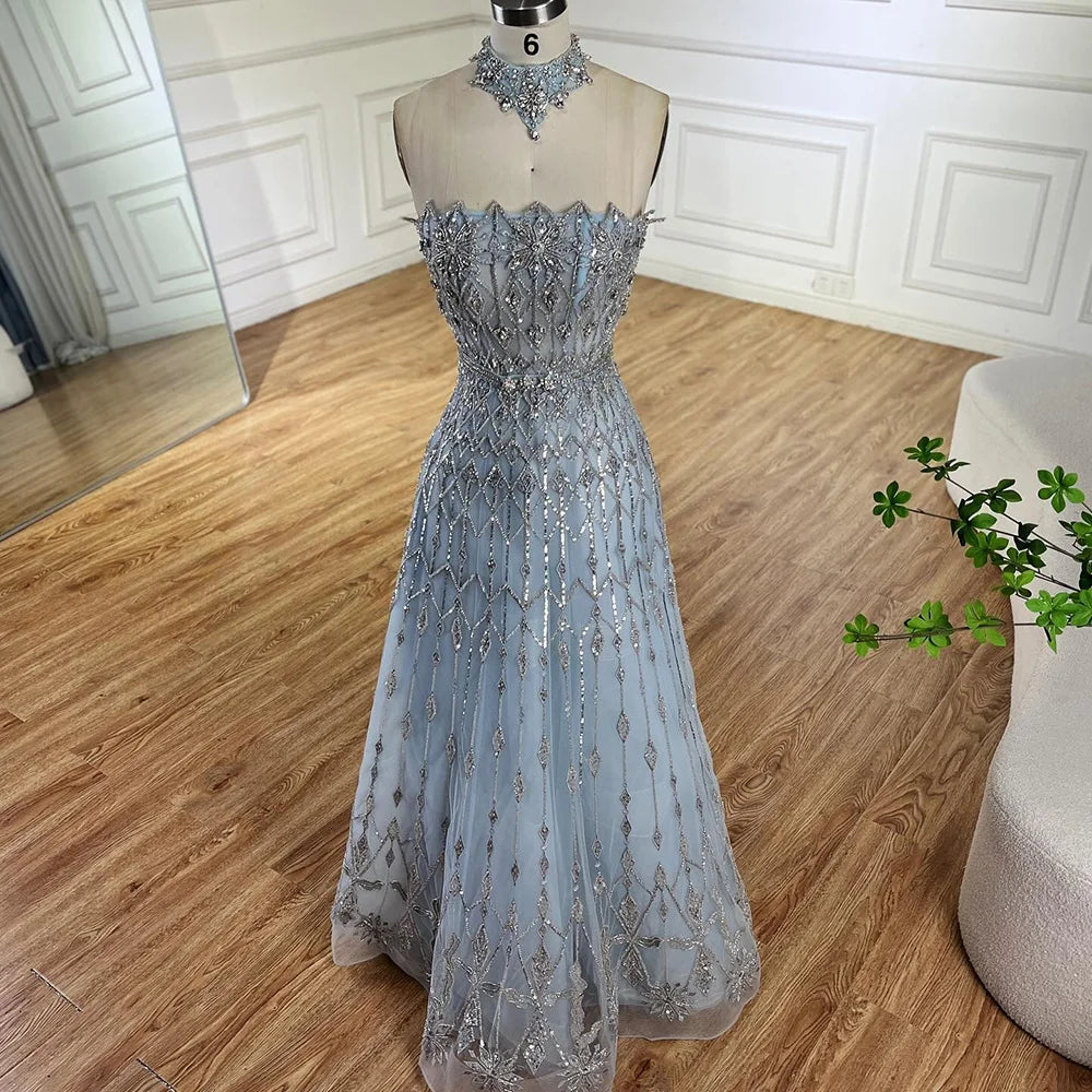 2025 Arabic A-Line Elegant Strapless Blue Saudi Evening Gown Luxury Beaded Dress for Formal Occasion LA72717