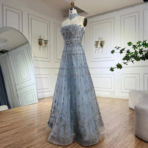 Vestido de noche azul saudí elegante, corte A, sin tirantes, de lujo, con cuentas, para ocasiones formales, LA72717 