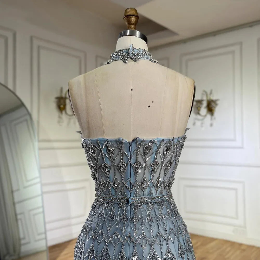 Vestido de noche azul saudí elegante, corte A, sin tirantes, de lujo, con cuentas, para ocasiones formales, LA72717 