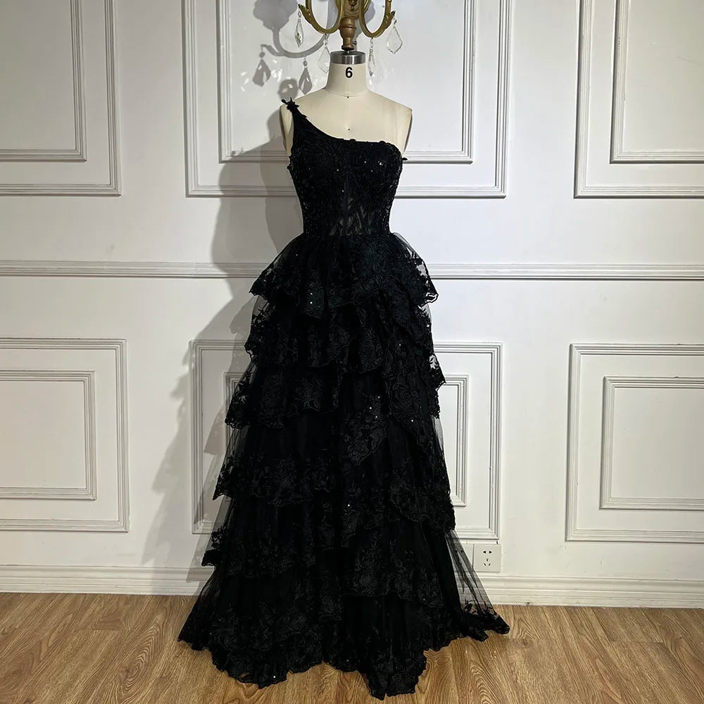 Vestido de fiesta elegante de lujo con encaje, corte A, un hombro, estilo árabe, negro, LA72632 