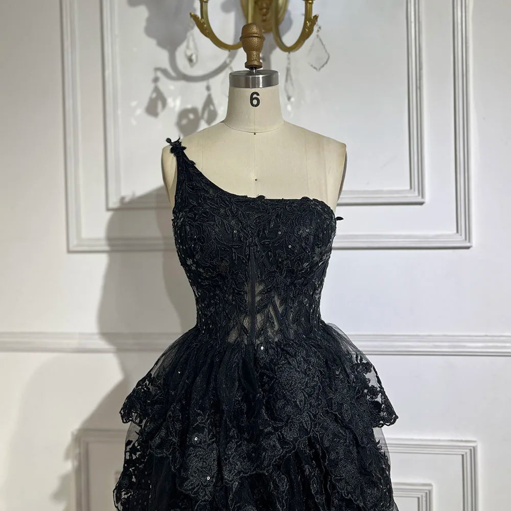2025 Arabic Black Elegant One-Shoulder Tiered A-Line Lace Luxury Prom Dress for Women's Party LA72632