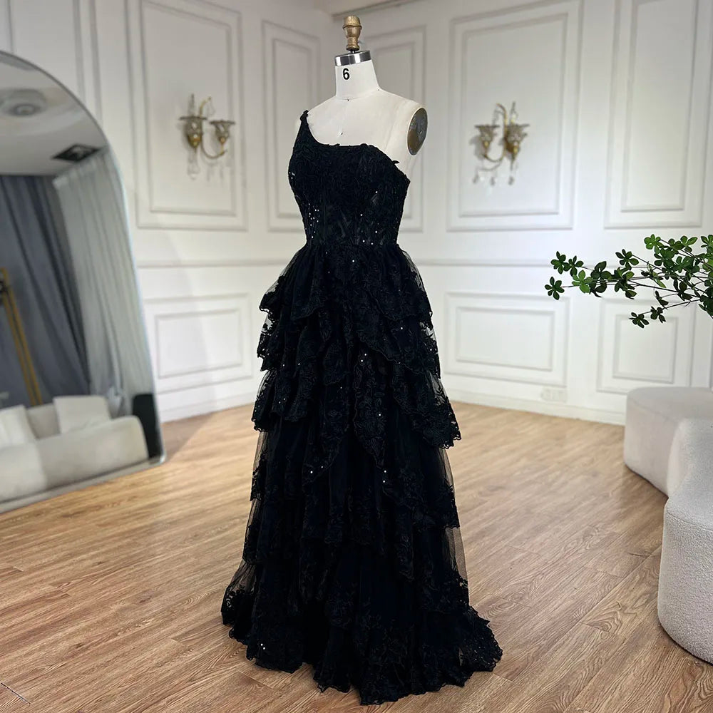 2025 Arabic Black Elegant One-Shoulder Tiered A-Line Lace Luxury Prom Dress for Women's Party LA72632