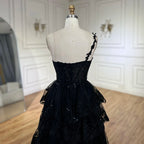 Vestido de fiesta elegante de lujo con encaje, corte A, un hombro, estilo árabe, negro, LA72632 
