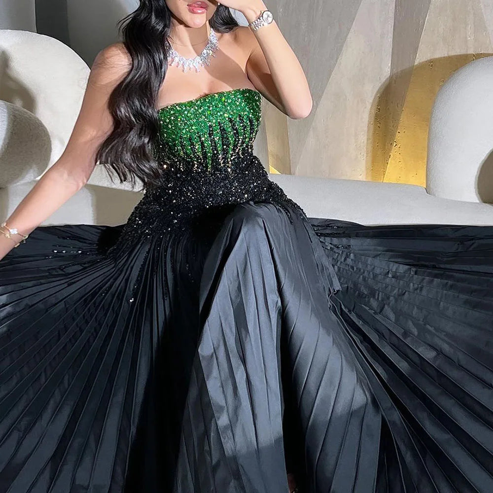 2025 Arabic Black Green Mermaid Strapless Ankle Length Beaded Luxury Evening Dresses For Woman Wedding Party LA72406