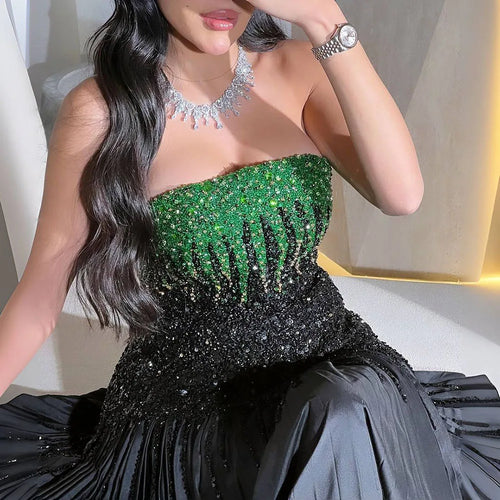 Vestido de noche de lujo con cuentas, estilo sirena, negro y verde árabe, sin tirantes, largo hasta el tobillo, para mujer, fiesta de boda, LA72406 