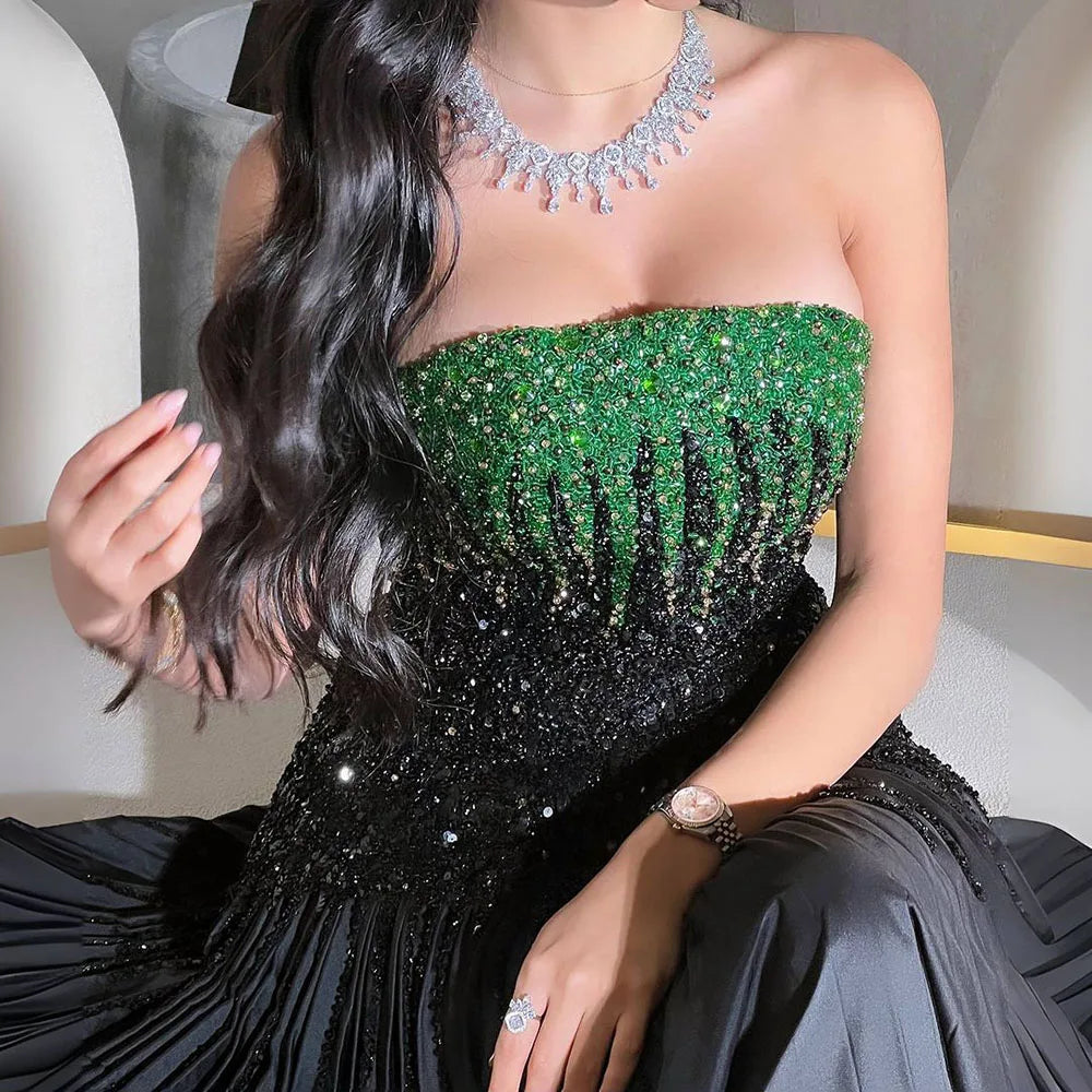 2025 Arabic Black Green Mermaid Strapless Ankle Length Beaded Luxury Evening Dresses For Woman Wedding Party LA72406