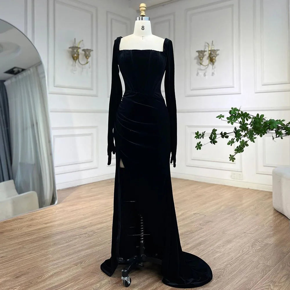 Vestido de noche árabe de terciopelo negro con guantes, estilo sirena, de lujo, estilo Dubái, para mujer, para fiesta de boda, LA72530 