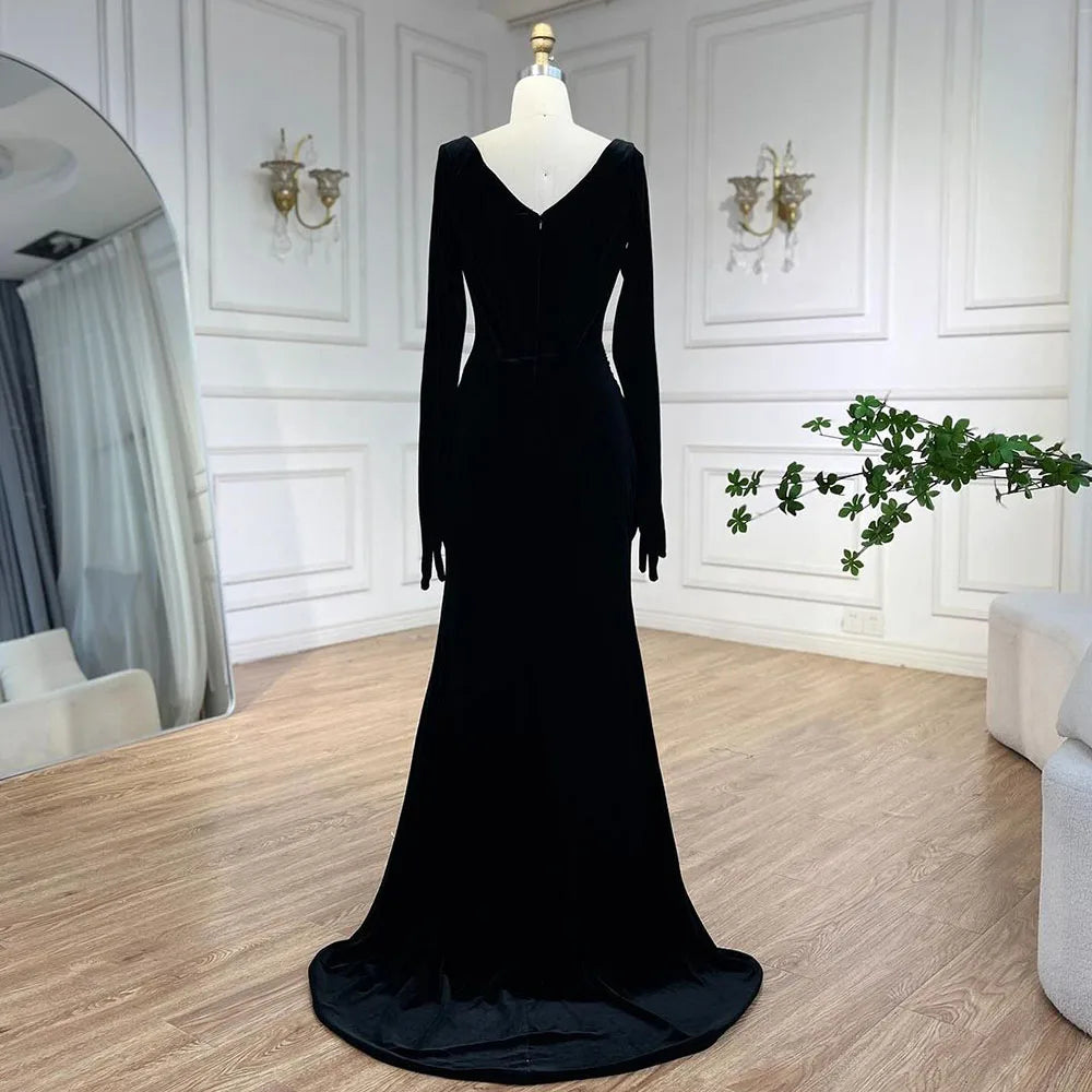 2025 Arabic Black Velvet With Gloves Mermaid Luxury Dubai Evening Dresses Gowns for Women Wedding Party LA72530