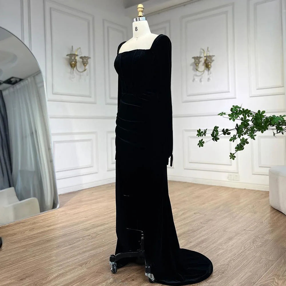 Vestido de noche árabe de terciopelo negro con guantes, estilo sirena, de lujo, estilo Dubái, para mujer, para fiesta de boda, LA72530 