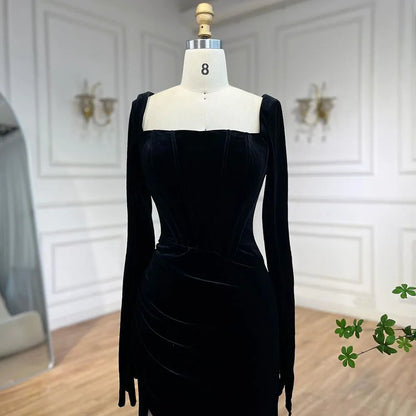 2025 Arabic Black Velvet With Gloves Mermaid Luxury Dubai Evening Dresses Gowns for Women Wedding Party LA72530