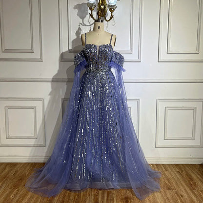 2025 Arabic Blue A-Line Elegant Beaded Luxury Evening Gowns for Women with Detachable Cape Sleeves Party LA72638