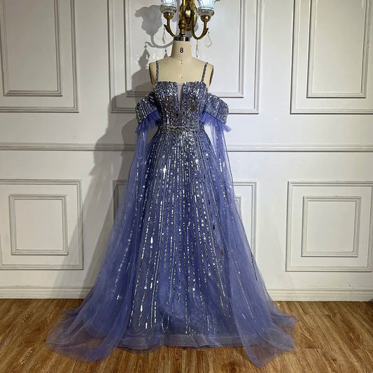 2025 Arabic Blue A-Line Elegant Beaded Luxury Evening Gowns for Women with Detachable Cape Sleeves Party LA72638