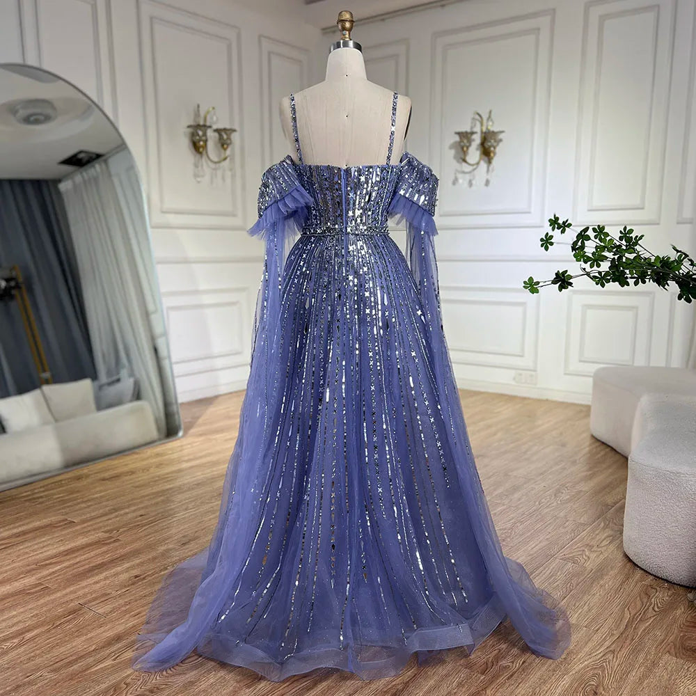 Vestido de noche elegante azul árabe de corte A con cuentas y mangas de capa desmontables para mujer, LA72638 
