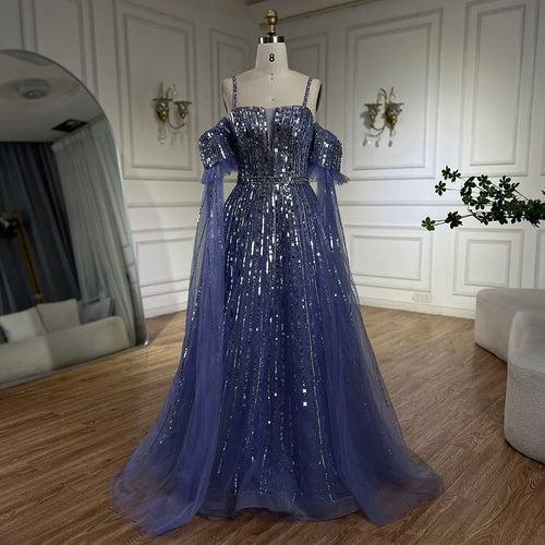 Vestido de noche elegante azul árabe de corte A con cuentas y mangas de capa desmontables para mujer, LA72638 
